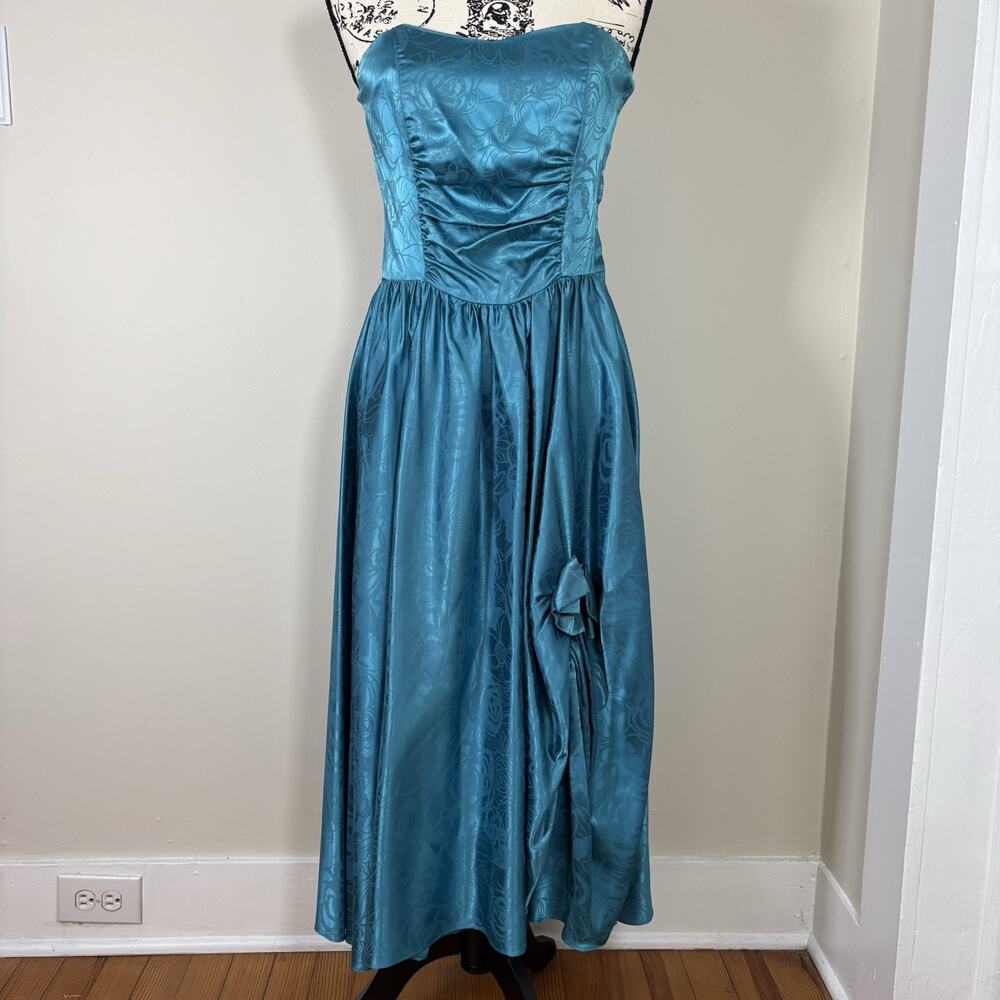 VTG 80s Studio E Teal Floral Brocade Prom Party Dress Strapless Ruched Maxi L
